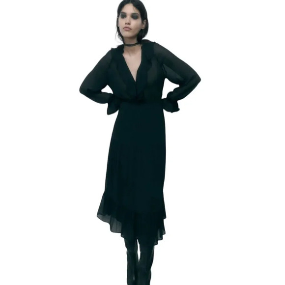 ZARA | Black | MIDI DRESS WITH RUFFLES - Picture 5 of 9
